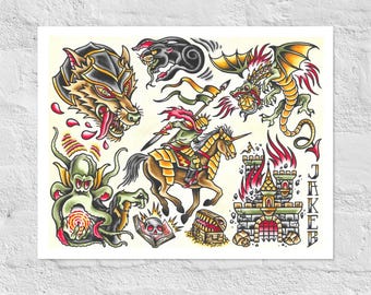 May include: A collection of fantasy-themed illustrations featuring a wolf head, a black panther, a winged dragon holding a die, a knight on horseback, a tentacled creature, a skull in a book, a treasure chest, and a burning castle with the text JAKEB.