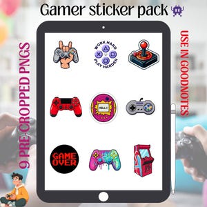 May include: A collection of nine gamer-themed stickers displayed on a tablet. The stickers feature game controllers, a joystick, and phrases like "Game Over" and "Work Hard Play Harder." The stickers are colorful and designed for use in Goodnotes.