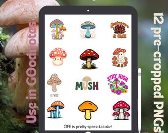12 Colorful Mushroom Digital Stickers | Fun Pre-Cropped PNGs for Goodnotes & Digital Planners