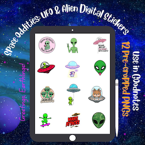 Puede incluir: Una tableta digital muestra una colección de pegatinas digitales de ovnis y extraterrestres. Las pegatinas presentan varios diseños de extraterrestres, platillos volantes y textos como "Aliens are better than humans". El texto "UFO & Alien Digital Stickers" y "12 Pre-cropped PNGs" también son visibles.