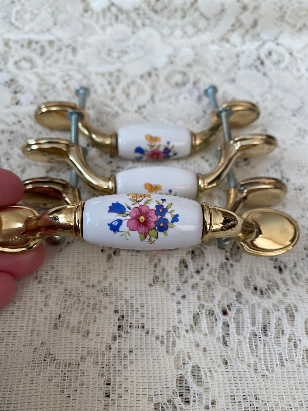 Brass and Ceramic Pulls, Cabinet Hardware, Used Set of 4 Cabinet ...