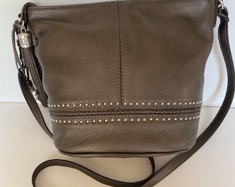 Brighton Pretty Tough Baby Jake, Tasseled Pewter Studded Leather Crossbody Shoulder Brown Bag