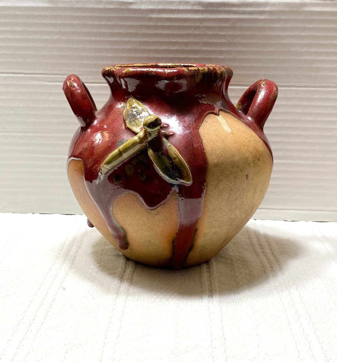 Studio Art Pottery Vase Red/brown Drip Glaze With Applied Dragonfly ...