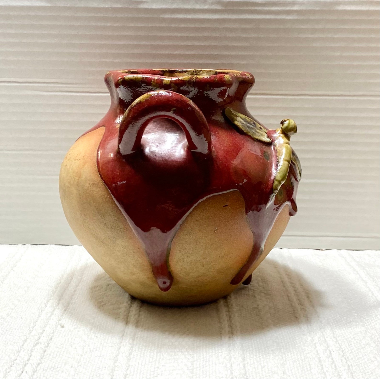 Vintage Art Deco Pottery Vase Red Drip Glaze with Applied Etsy