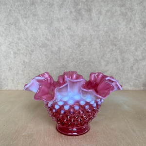Fenton Cranberry Hobnail Opalescent Vase Compote Ruffled Edge Glass Vase