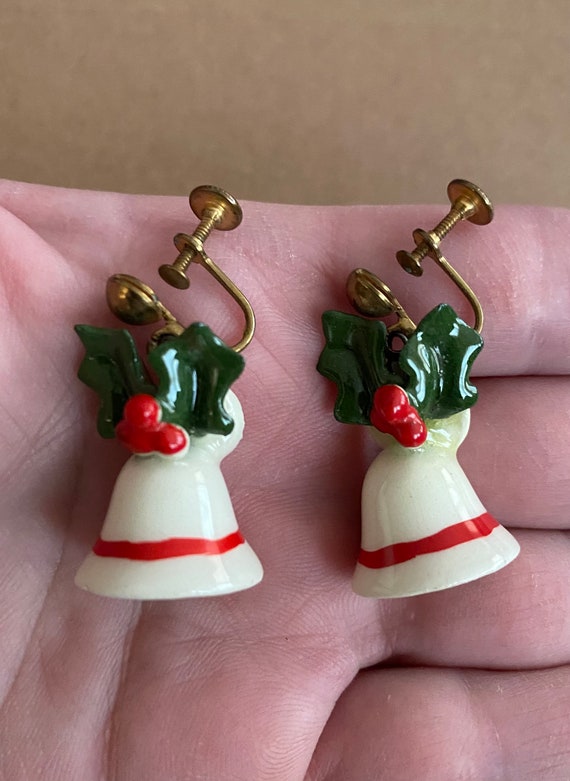 Vintage porcelain Christmas bell earrings. Porcela