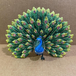 Peacock Trinket Bejeweled Enamel Box Fan Tail Peacock Figurine