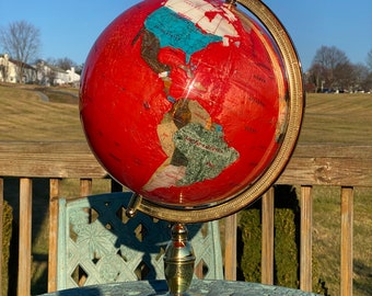 Precious Gemstone Globe 21” Tall Brass Stand