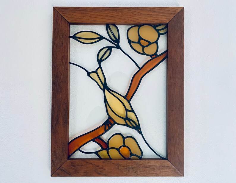 Vintage Stained Plexiglass Bird With Flowers Wood Framed Picture