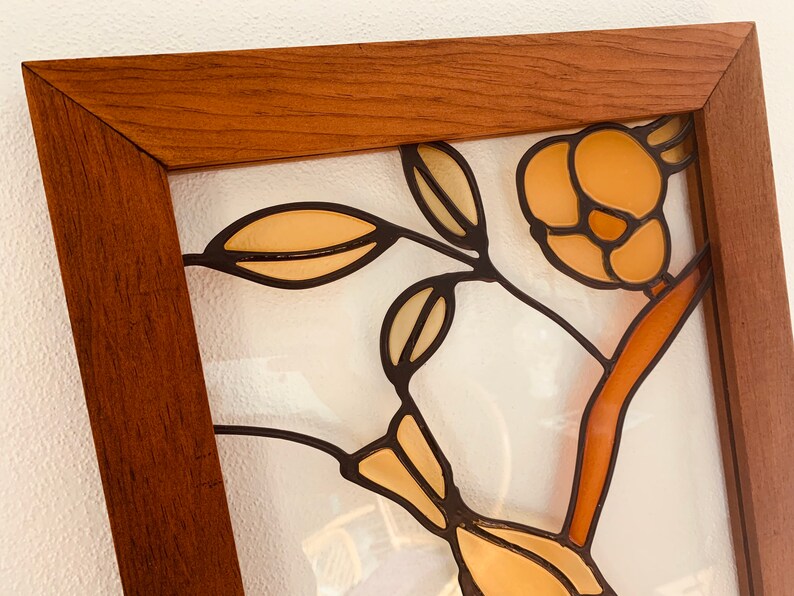 Vintage Stained Plexiglass Bird With Flowers Wood Framed Picture