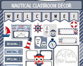 Back to School Classroom Decor Printable | Bulletin Board Nautical Decor | School Supply Labels | WITH Owls