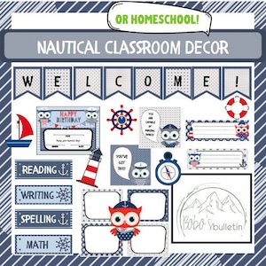 Back to School Classroom Decor Printable | Bulletin Board Nautical Decor | School Supply Labels | WITH Owls