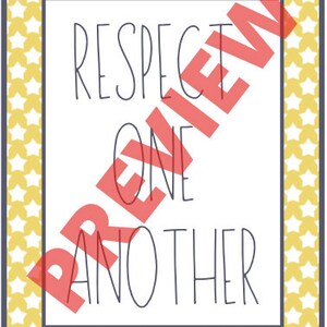 May include: A framed print with the words "RESPECT ONE ANOTHER" in a handwritten style. The print has a white background with a yellow star pattern border and a blue border.