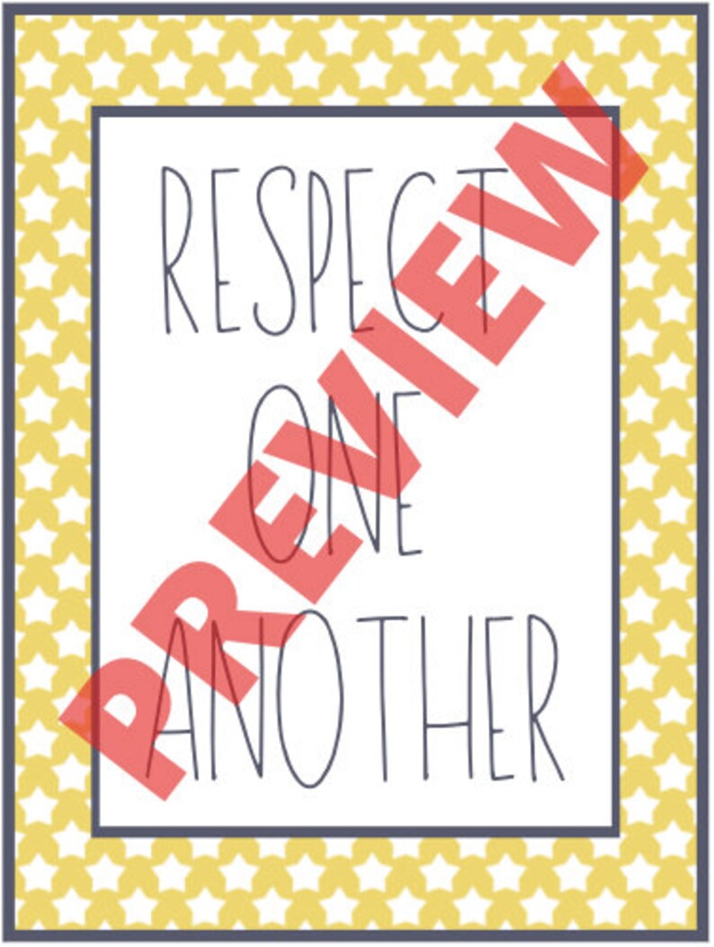 May include: A framed print with the words "RESPECT ONE ANOTHER" in a handwritten style. The print has a white background with a yellow star pattern border and a blue border.