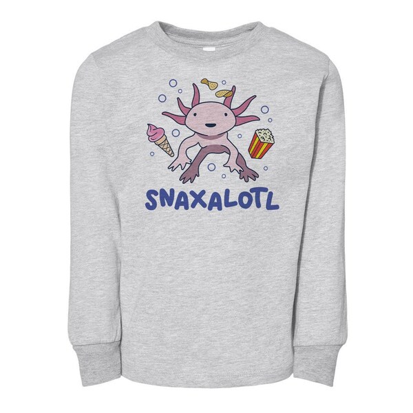 Snaxalotl (Snacks A Lot'l) Long Sleeve Toddler Shirt, Funny Shirts, Kids Snacking T-Shirts, Axolotl Tees