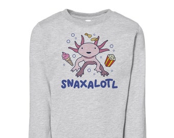 Snaxalotl (Snacks A Lot'l) Long Sleeve Toddler Shirt, Funny Shirts, Kids Snacking T-Shirts, Axolotl Tees