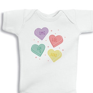 Conversation Hearts Baby Bodysuit, Candy Hearts Baby, Infant Bodysuit, Cute Valentines Day Baby Outfit Graphic Print Bodysuit