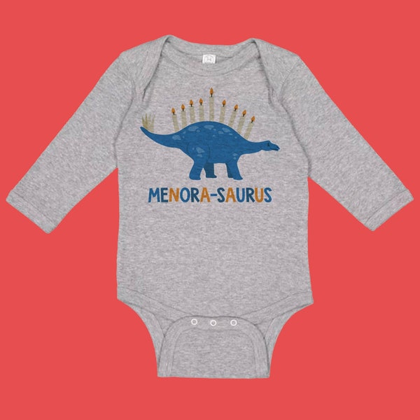 Menora-saurus Long Sleeve Baby Bodysuit, Infant Bodysuit, Menorah Baby Bodysuit, Cute Baby Bodysuits, Hanukkah Bodysuits