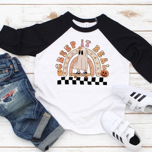 Ghost Creep It Real Halloween Toddler or Youth Raglan Shirt, Kids Halloween Shirt, Toddler Halloween Baseball Tee