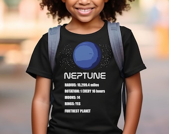 Neptune Planet Info Toddler & Kids Youth T-Shirt, Solar System Graphic Tee, Kids Space