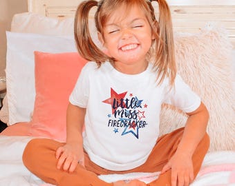 Little Miss Firecracker Toddler & Kids Youth T-Shirt, Patriotic Kids Shirt, Patriotic Girls Tee, Independence Day Tee, July 4th Kids Shirt