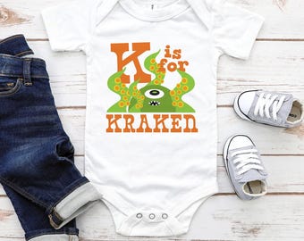 K is for Kraken Long & Short Sleeve Infant Bodysuit, Fall Baby Outfit, Cute Bodysuit, Fun Halloween Bodysuit, Baby Alphabet Outfit