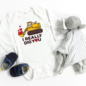I Really Dig You Long Sleeve Baby Bodysuit, Infant Bodysuit, Valentines Day Baby Outfit, Construction Digger Machine Hearts