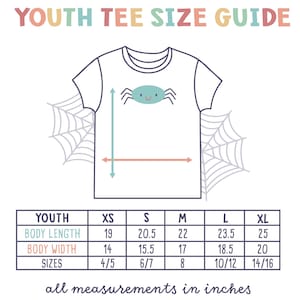 May include: Youth tee size guide with a spider graphic. The chart shows sizes XS through XL with corresponding body length and width measurements in inches.