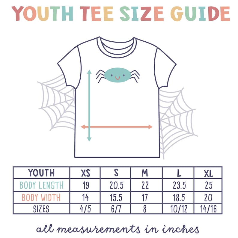 May include: Youth tee size guide with a spider graphic. The chart shows sizes XS through XL with corresponding body length and width measurements in inches.