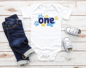 Blue Dog One First Birthday Baby Infant Bodysuit, Blue First Birthday Baby Outfit, 1st Bday Baby Bodysuit