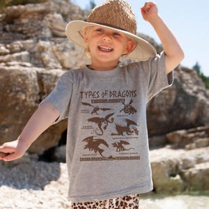 May include: A gray t-shirt featuring the text "TYPES OF DRAGONS" and illustrations of various dragon types in brown. The shirt is worn by a child wearing a straw hat.