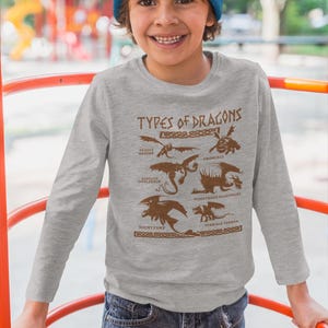 May include: A gray long-sleeve shirt featuring a brown graphic of different dragon types with the text "TYPES OF DRAGONS". The shirt is worn by a child wearing a blue beanie and blue jeans.