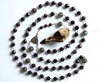 Hekate Crone Gemstone Rosary (Replica Skull, Rough Cut Garnet 8mm, Labradorite 10mm, Sterling Silver) - Made to Order -