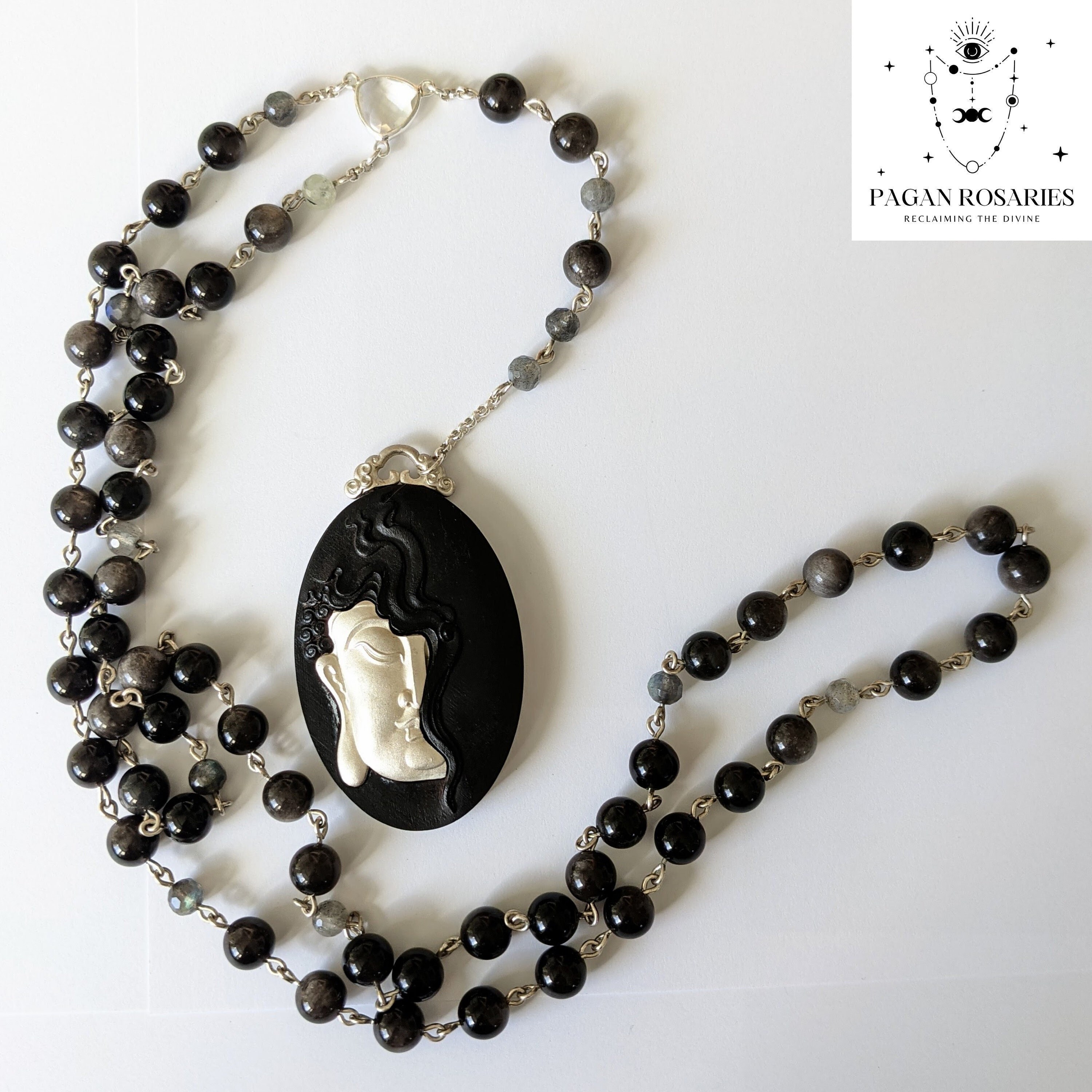 Buddha Mala Prayer Beads (Silver Obsidian 8mm, Blue Labradorite 6mm) - Made to Order -thumbnail