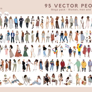 95 VECTOR PACK - Flat vector cutout people- Ai - Png - Svg- male, female, kids, sitting, standing, walking, working, old, young, family