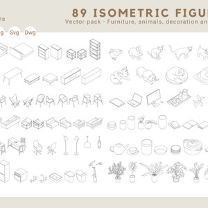 89 ISOMETRIC FIGURES - Flat vector pack- Ai - Png - Svg - Dwg - furniture, animals, decoration, plants