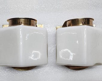 Pair Vintage Art deco light Old Lamp Wall Sconces Fixture Brass & Cube Milk Glass Shade Lamp Ship Light Antique