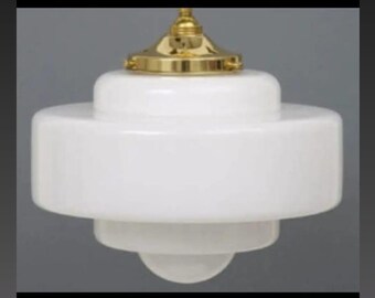 Antique Vintage Art Deco Brass & Milky Glass Ship Ceiling Fixture Hanging Light Lamp