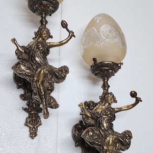 Pair Of Antique Vintage Old Art Nouveau Brass Mermaid Wall Sconces Fixture Light Lamp