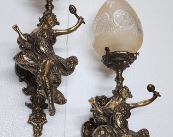 Pair Of Antique Vintage Old Art Nouveau Brass Mermaid Wall Sconces Fixture Light Lamp