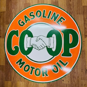 Vintage porcelain enamel Coop Motor Oil 42 inch double sided advertising sign board