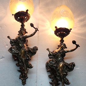 Pair Of Antique Vintage Art Nouveau deco  Brass meramid glass  Wall Sconces Lamp Fixture Light