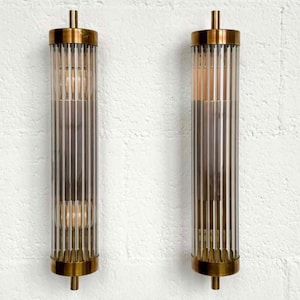 Pair Of Skyscrapper Antique Old Vintage Art Deco Brass & Glass Rod Ship Light Wall Sconces Lamp