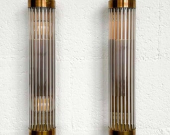 Pair Of Skyscrapper Antique Old Vintage Art Deco Brass & Glass Rod Ship Light Wall Sconces Lamp