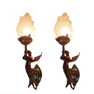 Pair Of Antique Vintage Art Nouveau Brass Mermaid Wall Sconces Lamp Fixture Light