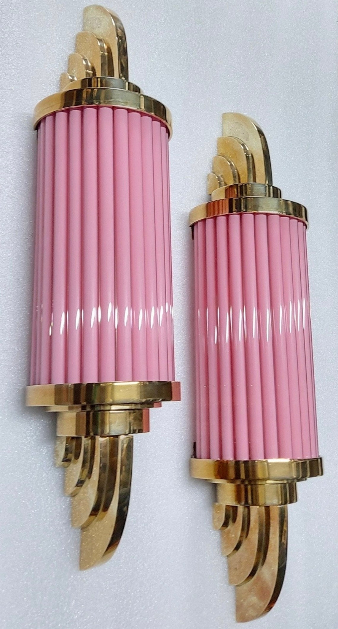 Pink Glass Rods Pair of Antique Vintage Old Art Deco Brass & Pink Glass Rod Ship Light ...