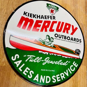 Vintage porcelain enamel Mercury Sales & Service 30 inch single sided advertising sign board