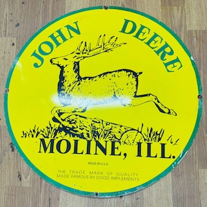 Vintage porcelain enamel John Deere moline 30 inch single sided  advertising sign board