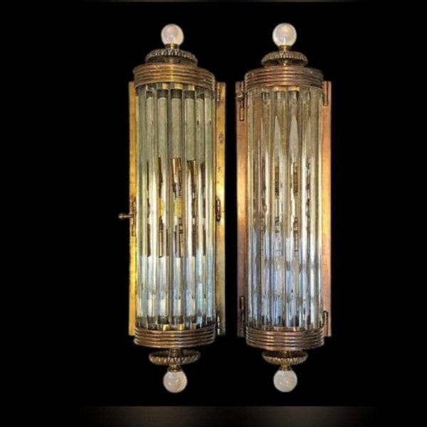 Pair Of Antique Old Vintage Skyscraper Art Deco Brass & Glass Rod Wall Sconces Light Lamp