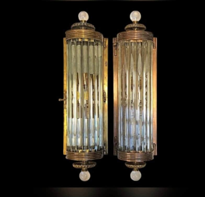 Pair Of Antique Old Vintage Skyscraper Art Deco Brass & Glass Rod Wall Sconces Light Lamp